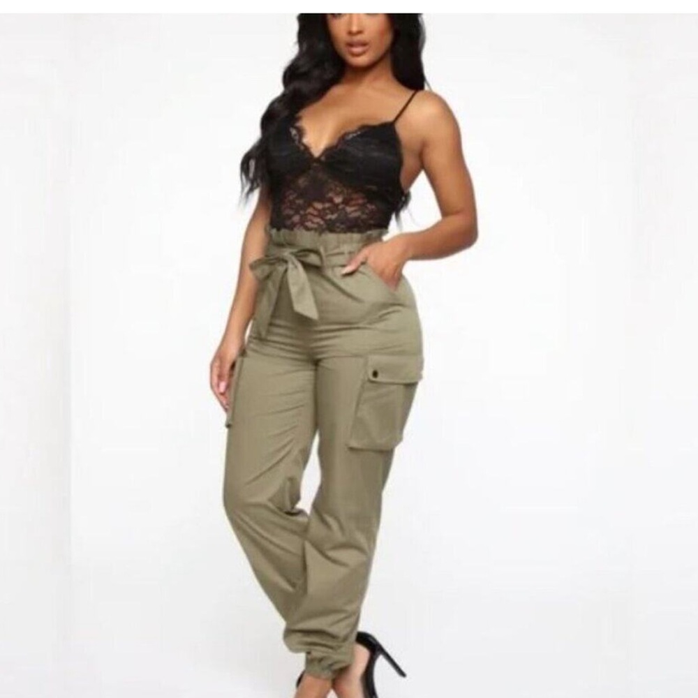 Fashion Nova Black Green Sexy Belted Lace Sheer Cargo Jumpsuit Plus Size 1X